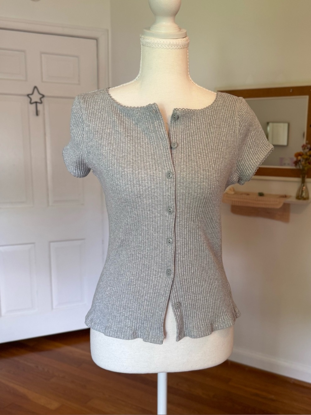Free People Intimately Most Wanted Ribbed Cardi Picot Lace Trim Heather Gray Lg